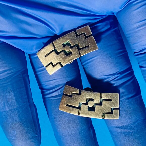 Vintage 925 Sterling Silver TAXCO Artisan Earrings Signed Screwback 40's Design - Picture 3 of 16